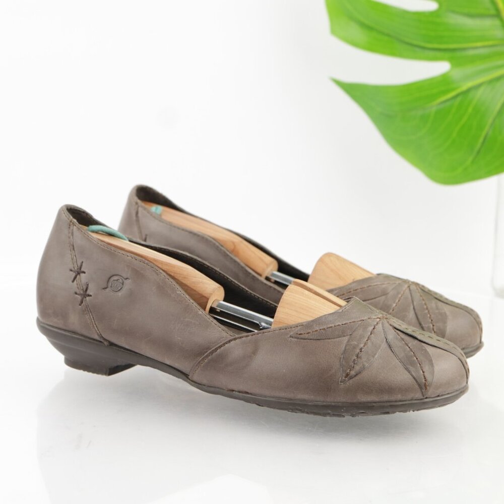 Born Womens Charolette Flats Size 8 Gray Leather Slip On Shoe Flower Embroidered